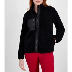 $50 ID Ideology Womens Warm Sherpa Jacket Deep Black Size XL Front Zip Closure